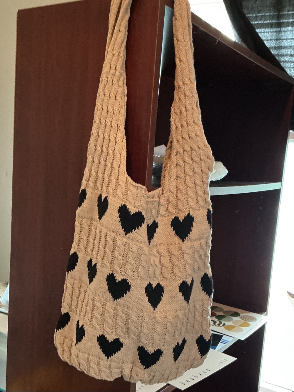 Beige Knit Shoulder Bag with Black Heart Pattern